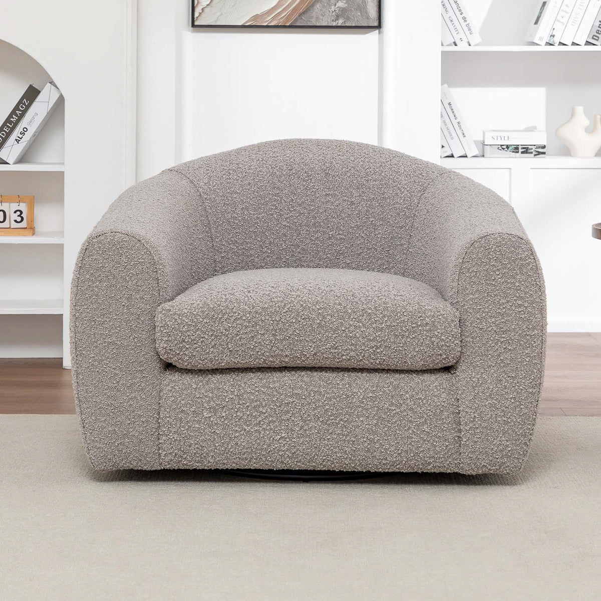 The Avriio Madrid Taupe Fabric Swivel Armchair, featuring a modern curved design, is part of a stylish 3 Piece Set and comes with convenient Home Delivery for your comfort.