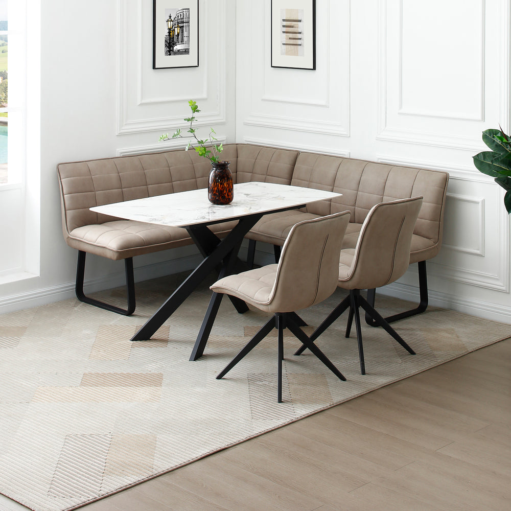 Orbit Dining Table Ceramic Top Metal Legs Compact Design Curved Edges