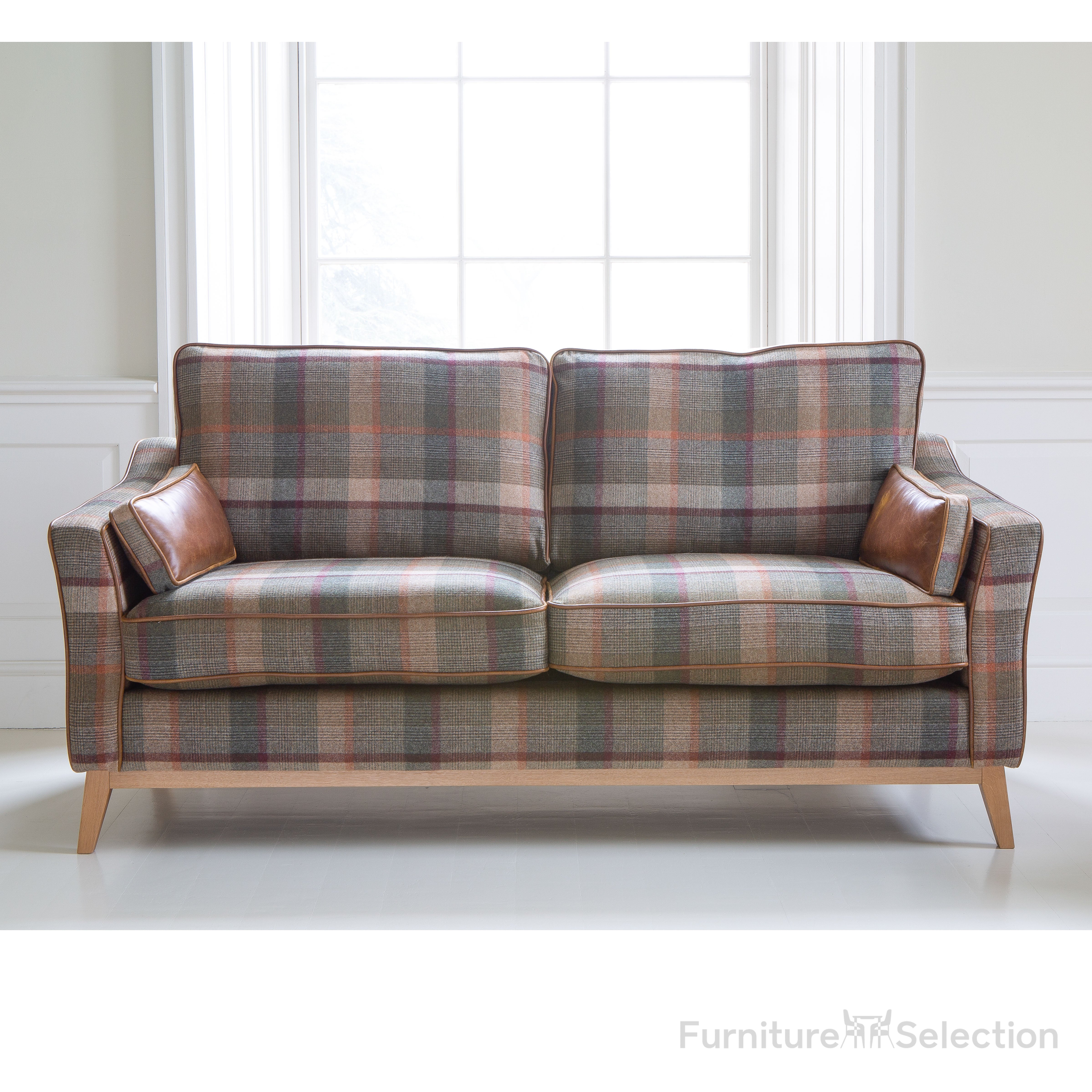 Whitwell 3 Seater Sofa in Malham Green Wool & Tan Leather